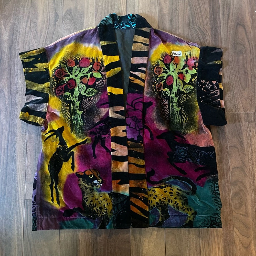 Vintage‎ Velvet Art Kimono Vest Jacket Animal Jungle Print Boho #582